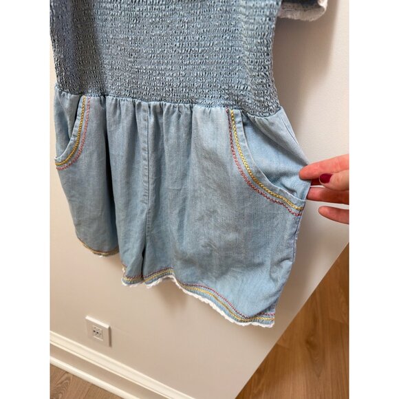 Matilda Jane Picnic in the Park Romper Girls Chambray Blue Ruffled With Pockets - Picture 3 of 6